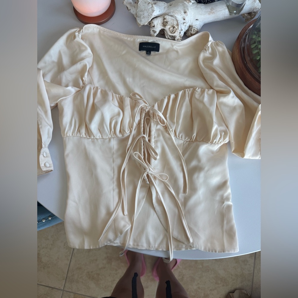 Majorelle Off White/cream Satin Tie Up Blouse